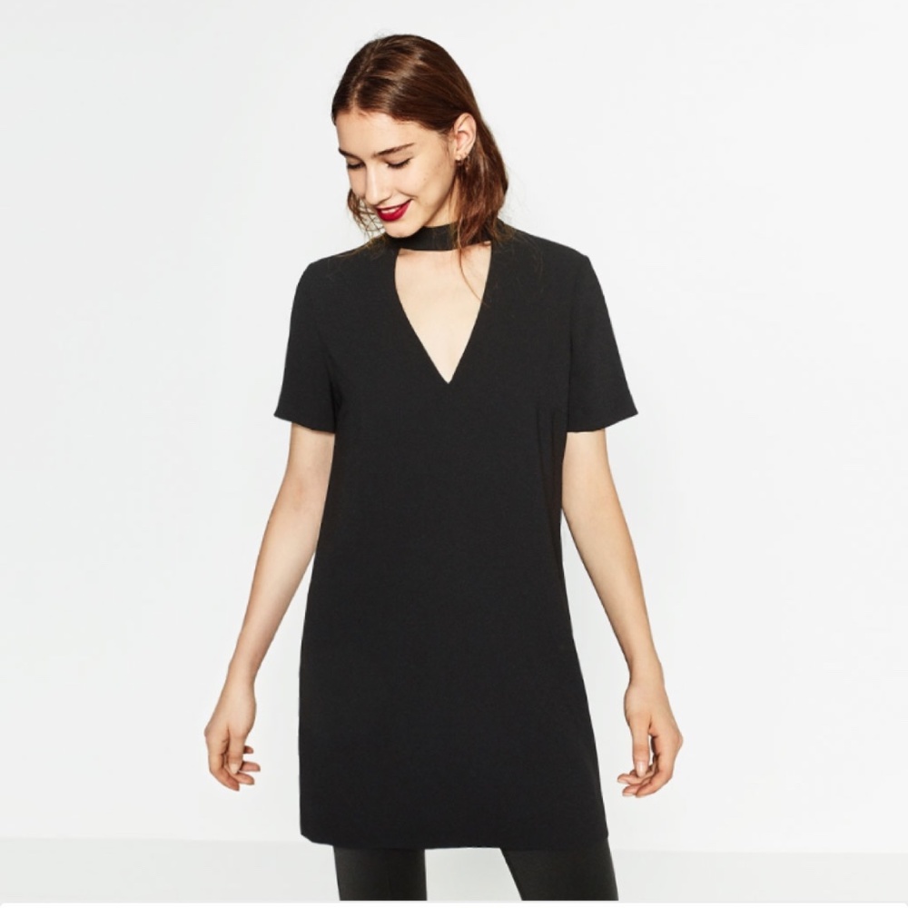 New Zara V-neck choker crepe dress